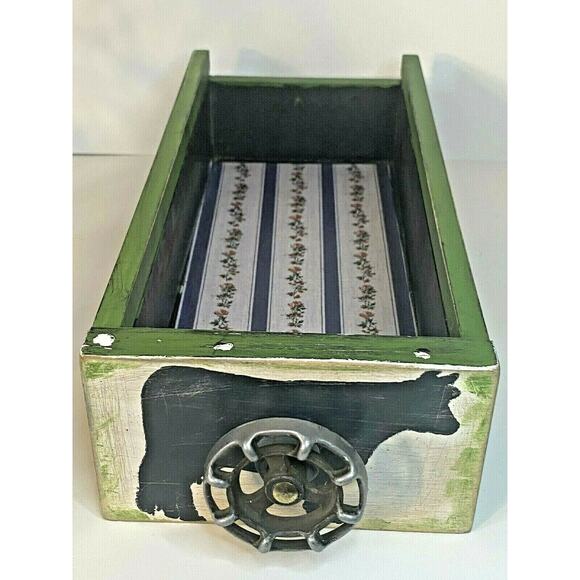 Farmhouse Wood Drawer Crate w/ Vintage Dairy Cow Spigot Handle, Green/Black - Picture 1 of 12